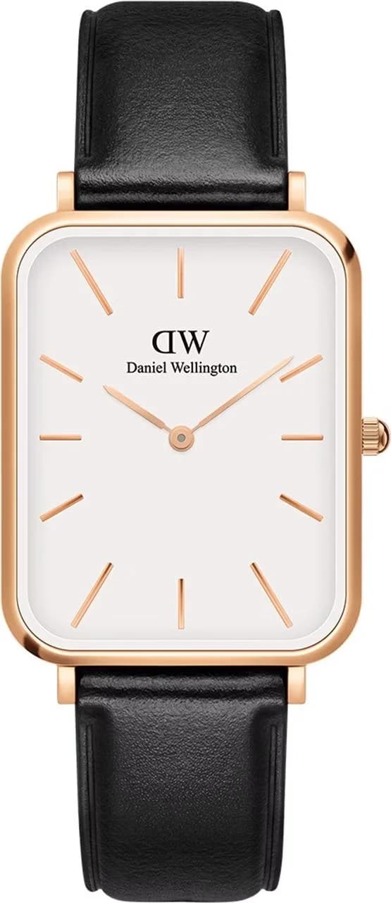 Montre Femme Daniel Wellington DW00100450 Quadro XL Cadran Blanc Rectangulaire, Boîtier Or Rose, Bracelet Cuir Noir