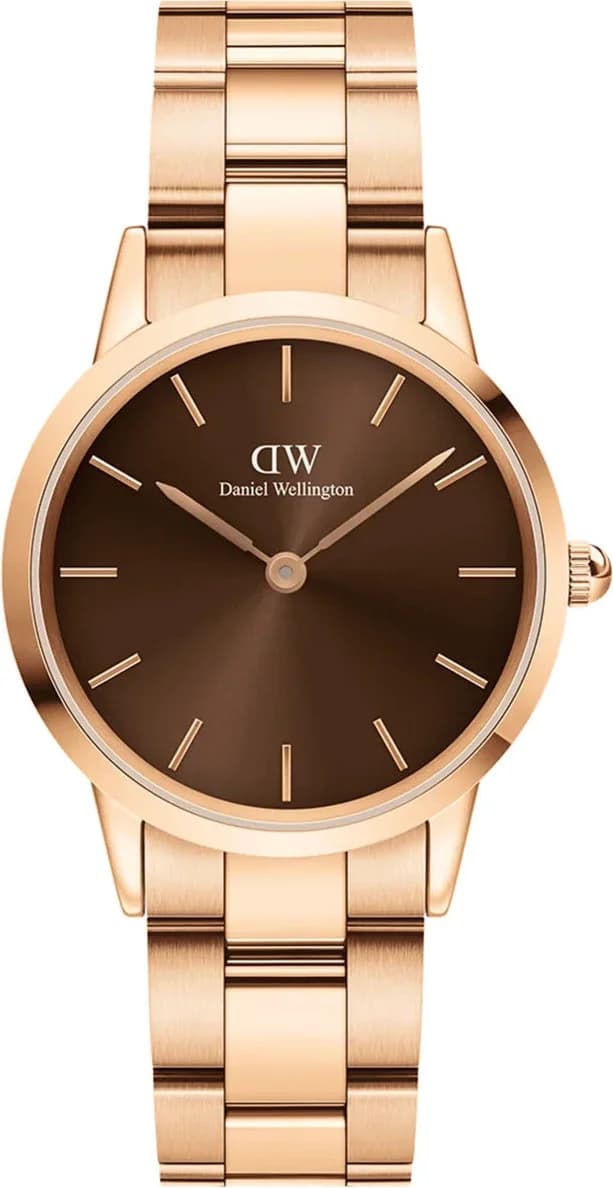 Montre Daniel Wellington Iconic Link DW00100463 pour Femme - Cadran Marron, Bracelet Acier Or Rose