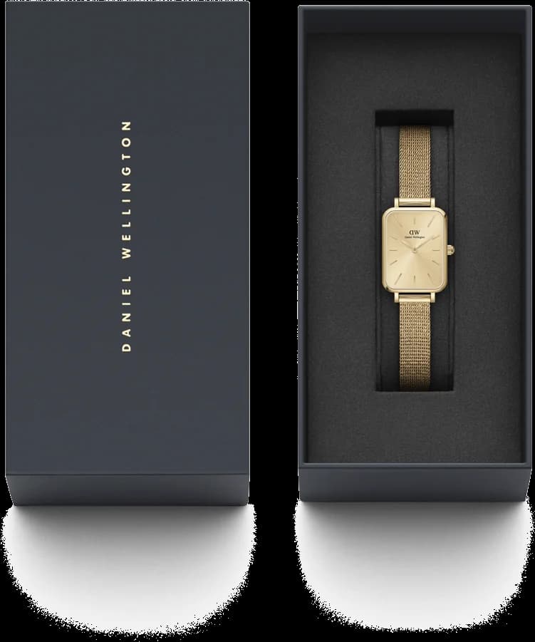 Lunette boîtier Daniel Wellington DW00100485 rectangulaire acier inoxydable doré et verre minéral bombé vue profil