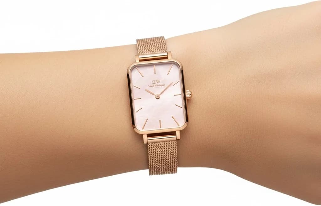 Lunette boîtier Daniel Wellington DW00100510 carrée en acier inoxydable plaqué or, verre minéral, profil fin et épuré