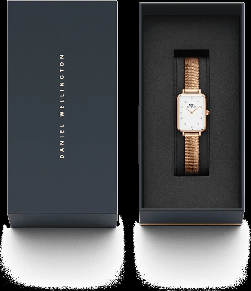 Lunette boîtier Daniel Wellington DW00100527 rectangulaire en acier inoxydable plaqué or rose, verre minéral
