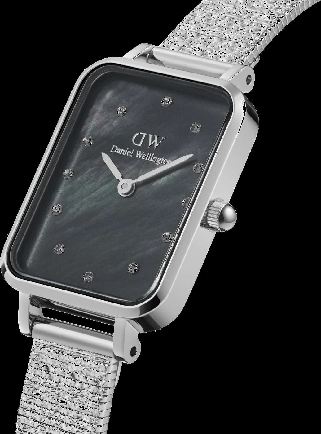 Visage cadran Daniel Wellington DW00100581 aux index bâtons fins et aiguilles épurées sur fond nacre noir minimaliste