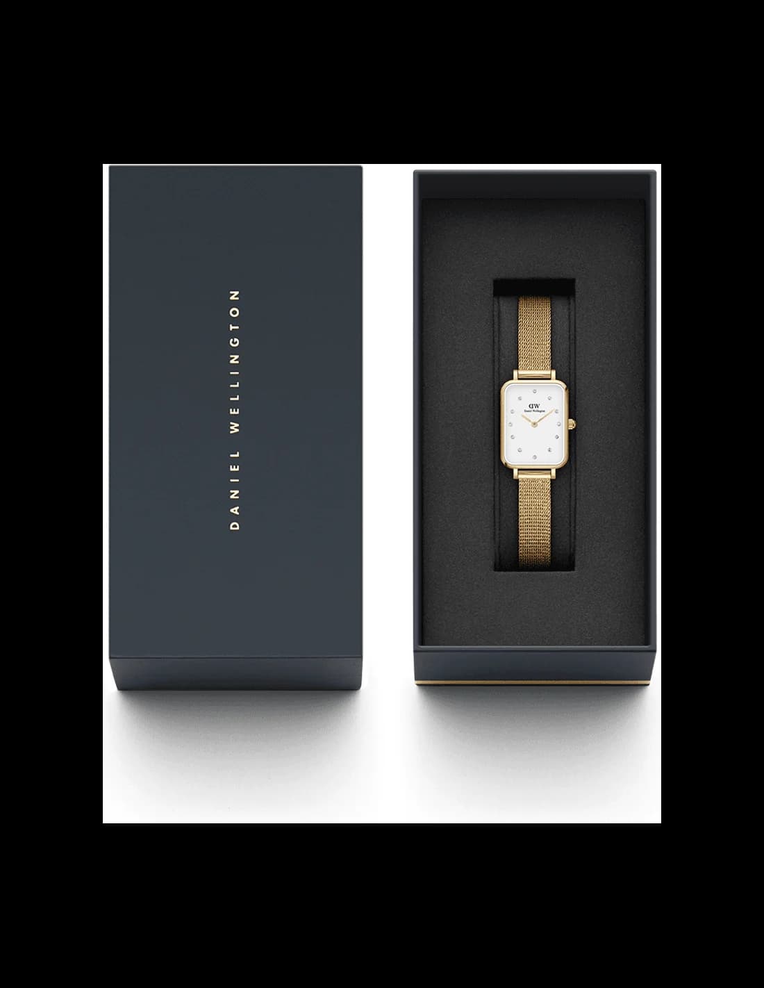 Montre Femme Daniel Wellington Quadro DW00100599 - Boîtier rectangulaire or, cadran blanc, bracelet maille or vue 3