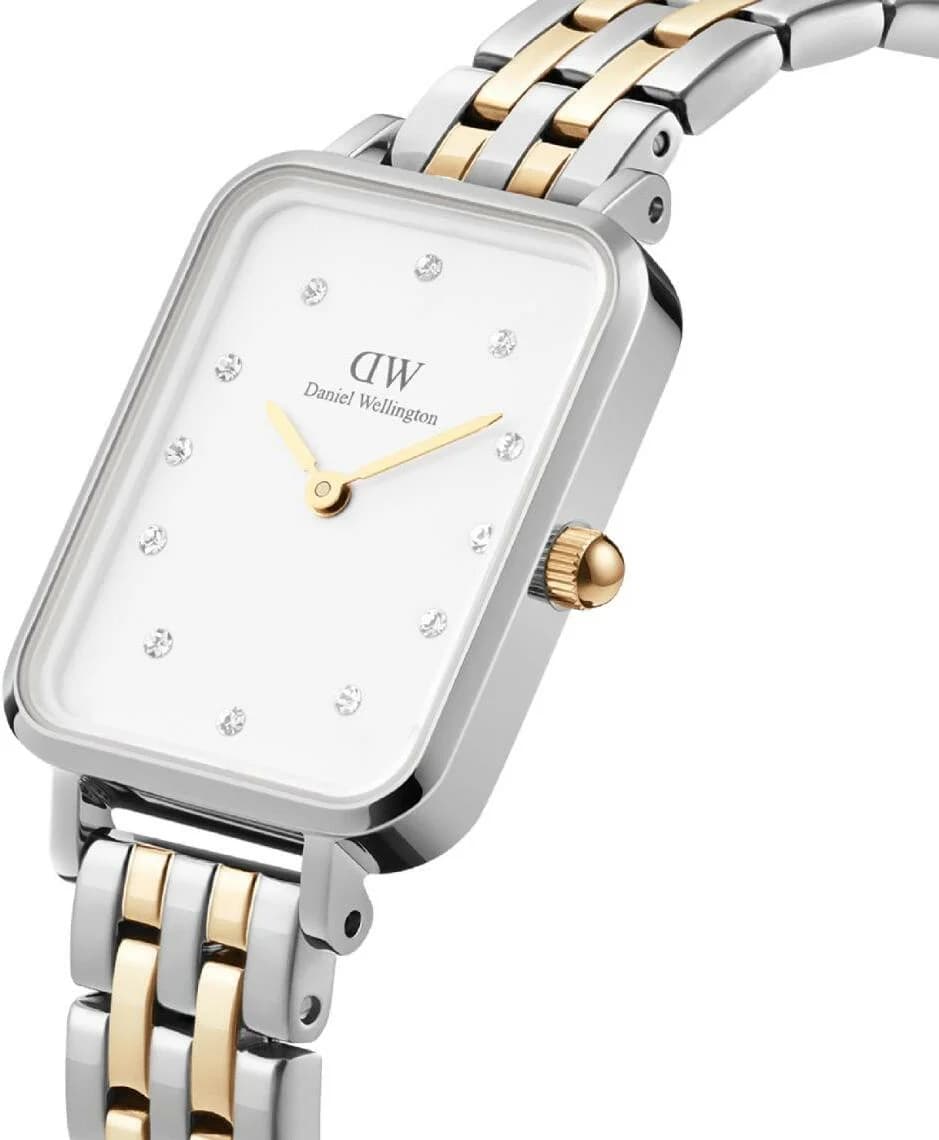 Visage cadran Daniel Wellington DW00100625 avec finition soleillée, index appliqués en acier doré et aiguilles dauphine, mouvement quartz précis