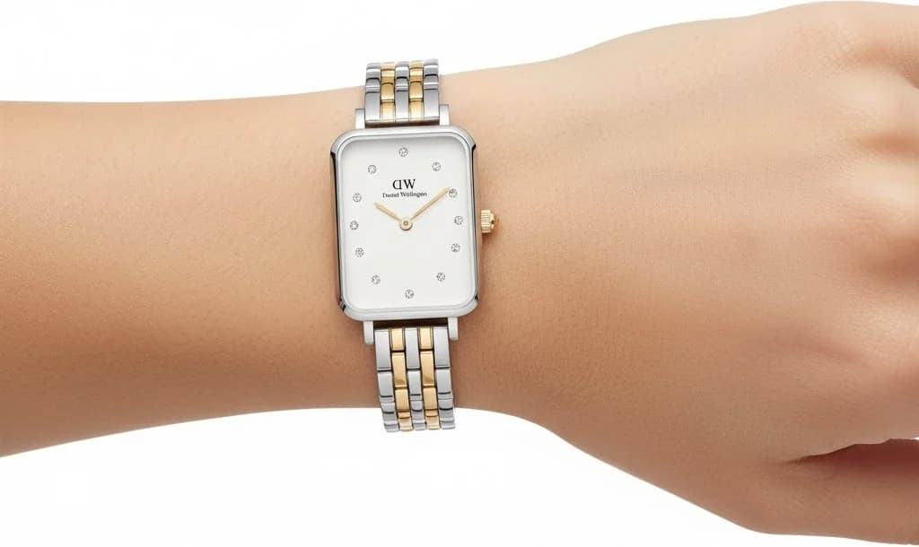 Lunette boîtier Daniel Wellington DW00100625 en acier inoxydable doré et argent, lunette lisse polie, verre minéral, profil fin et raffiné