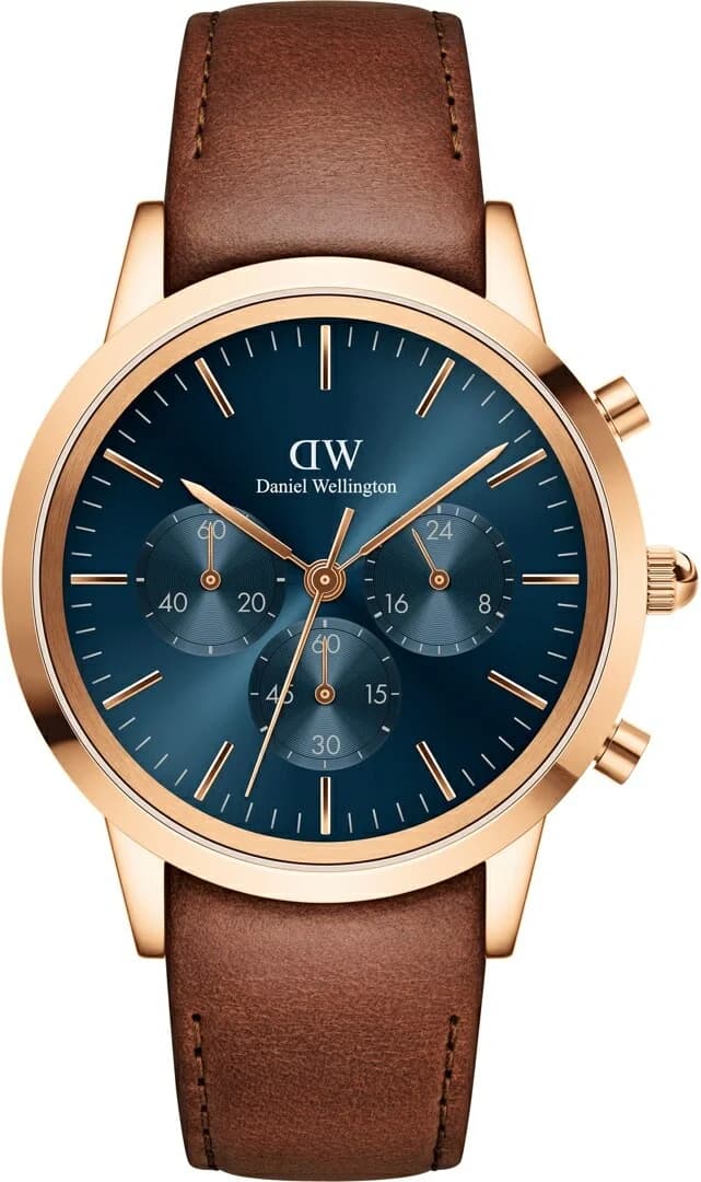 Daniel Wellington DW00100639 - Chronographe Homme Cadran Bleu, Boîtier Or Rose Acier, Bracelet Cuir Marron