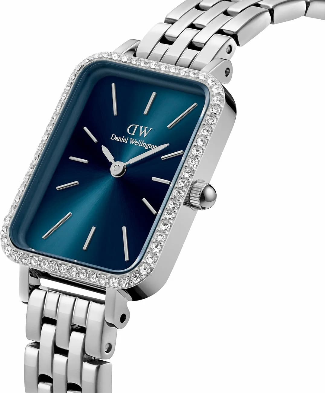 Visage cadran Daniel Wellington DW00100670 présentant des index linéaires polis et aiguilles dauphine sur fond bleu givré