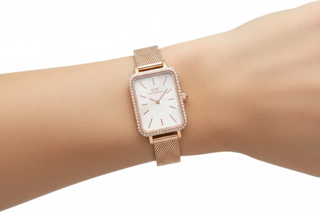 Lunette boîtier Daniel Wellington DW00100674 en acier inoxydable or rose de forme rectangulaire, lunette polie et verre minéral incurvé