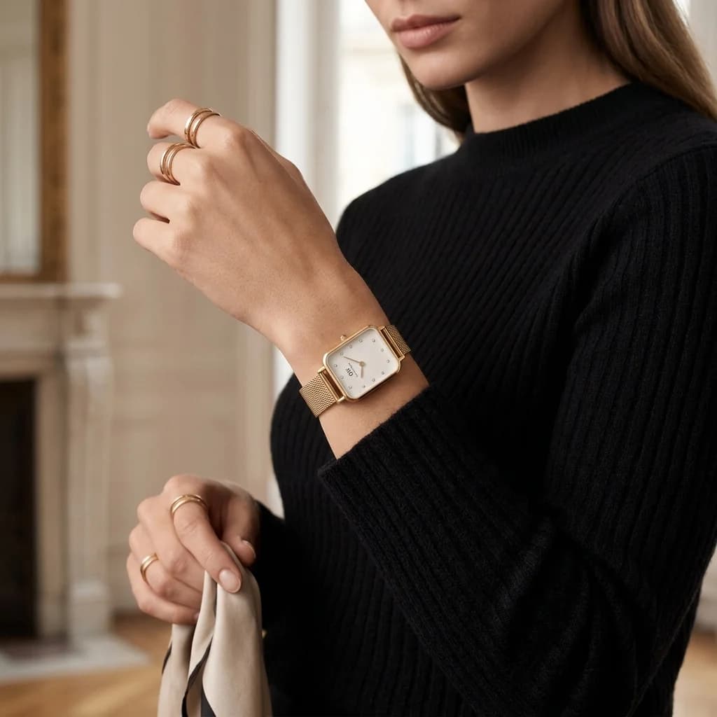 Montre Femme Daniel Wellington Quadro DW00100599 - Boîtier rectangulaire or, cadran blanc, bracelet maille or vue 4