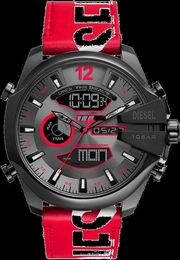 Montre Diesel Mega Chief DZ4647 pour Homme - Cadran Multifonction Gris, Bracelet Cuir Rouge
