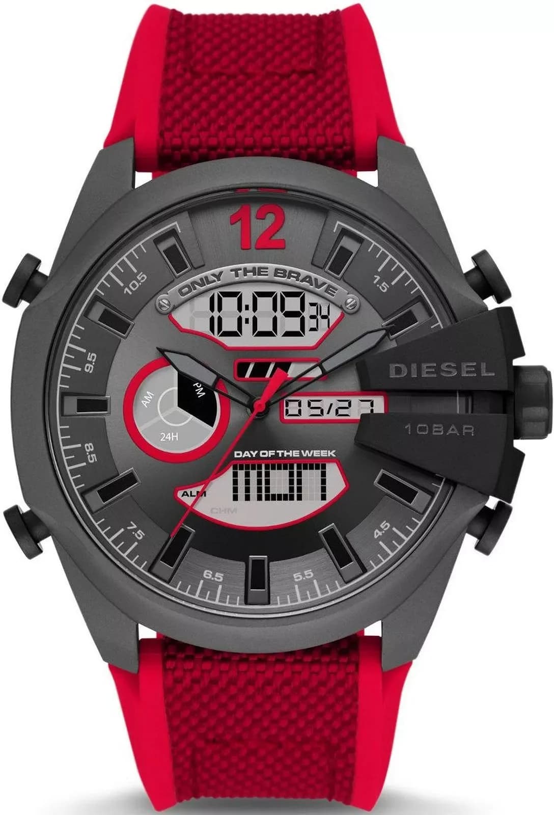 Montre Diesel Mega Chief DZ4551 pour Homme - Cadran Multifonction Gris, Bracelet Rouge Nylon/Nylon