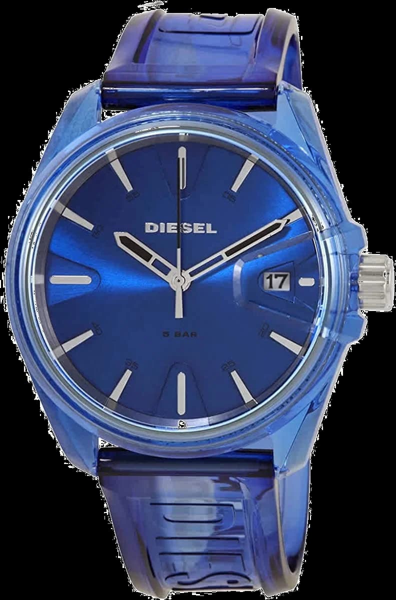 Garde-temps Diesel DZ1927 arborant un cadran noir profond avec aiguilles et index luminescents sur fond mat