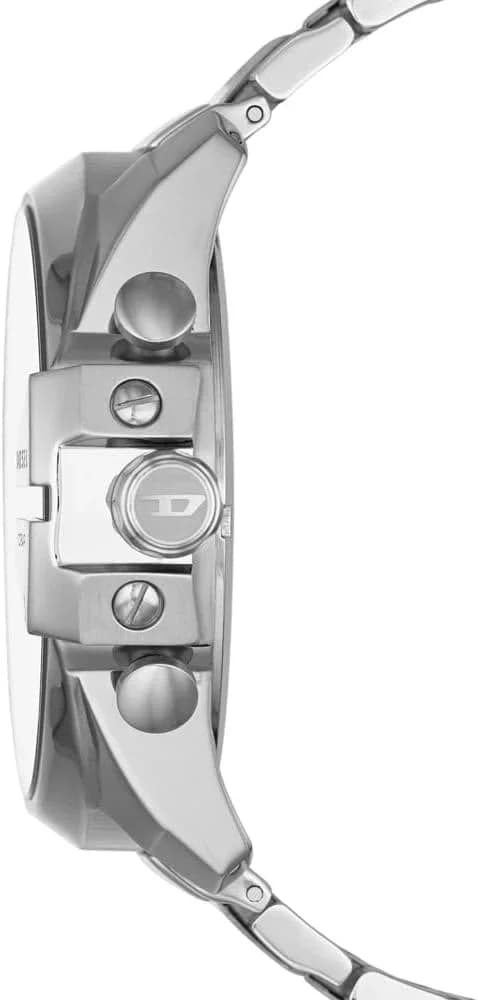 Visage cadran Diesel DZ4308 affichant index bâtons argentés, aiguilles squelettes et guichet date à 3h, lisibilité optimale