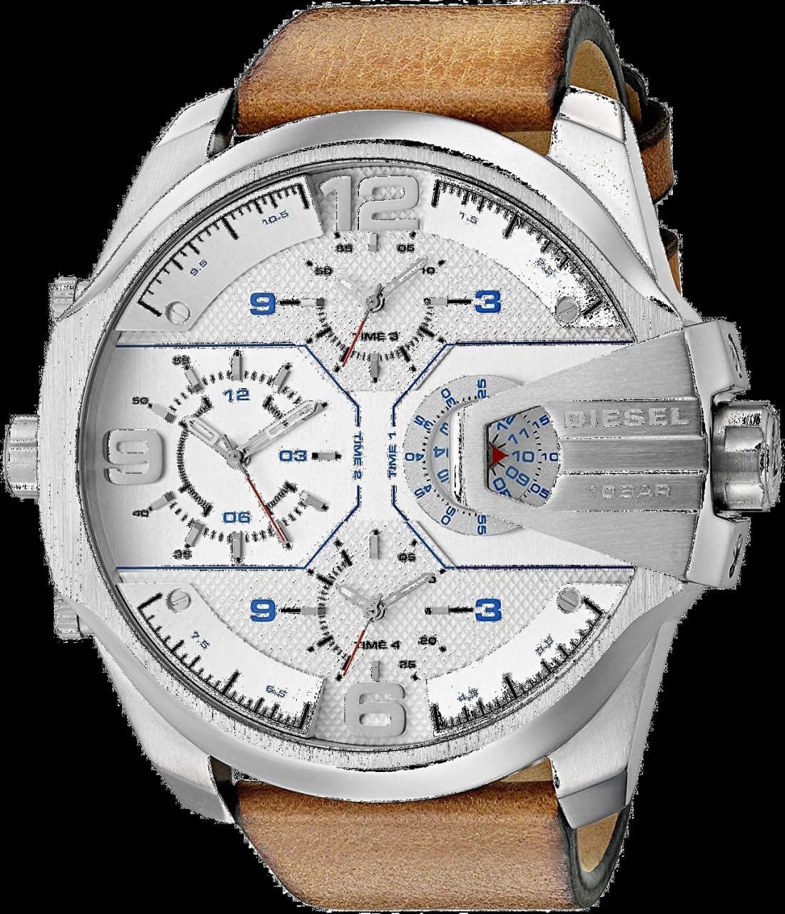 Montre Diesel Uber Chief DZ7374 pour Homme - Cadran Blanc, Boîtier Noir, Bracelet Cuir Marron