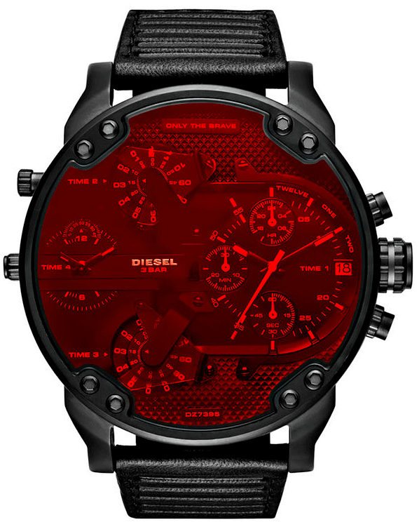 Garde-temps Diesel DZ7402 avec cadran noir texturé, aiguilles luminescentes et index arabes blancs sur fond mat
