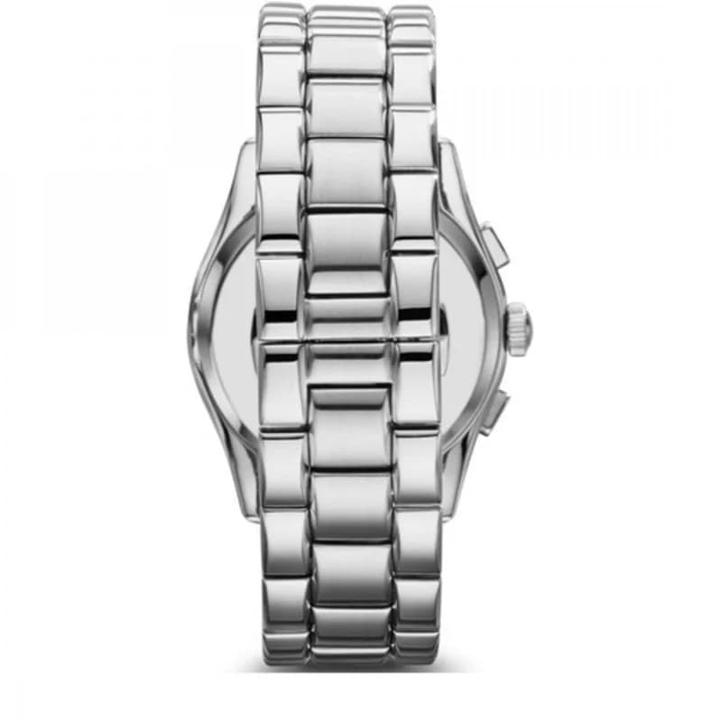 Visage cadran Emporio Armani AR0673 affichant index bâton polis, aiguilles dauphine et guichet date à 3h sous verre minéral