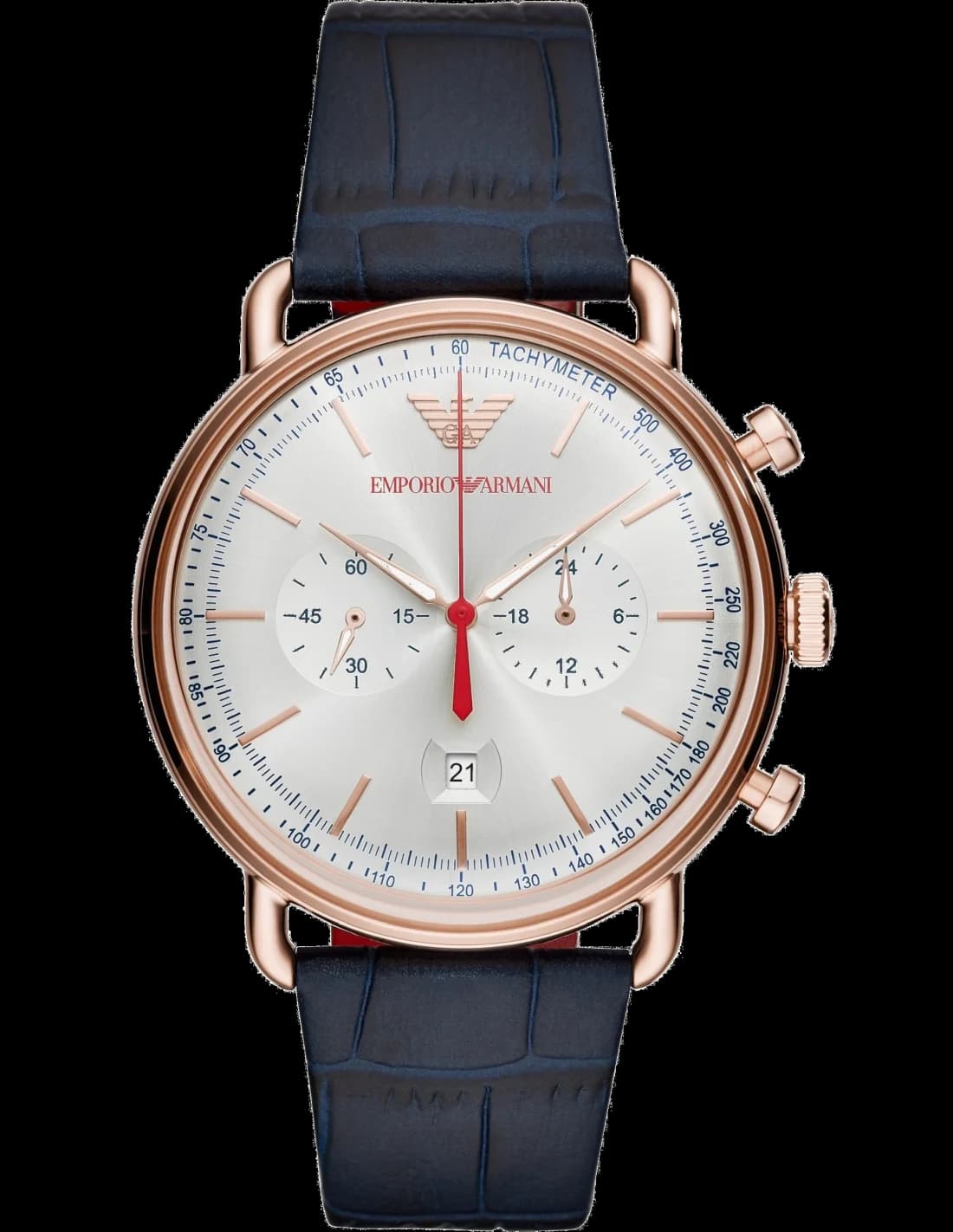 Montre Homme Emporio Armani Aviator AR11123 - Chronographe Quartz - Cadran Argent, Boîtier Or Rose, Bracelet Cuir Bleu Nuit