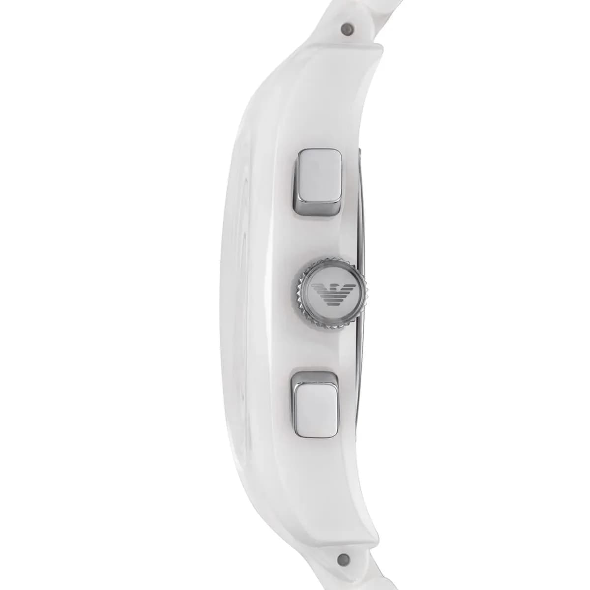 Visage cadran Emporio Armani AR1403 blanc laqué, aiguilles dauphine polies, index appliqués et guichet date à 3h pour une lisibilité optimale