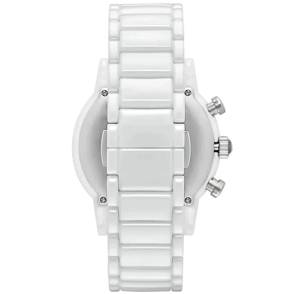 Attache bracelet Emporio Armani AR1499 en céramique blanche polie, boucle déployante en acier inoxydable, maillons lisses intégrés
