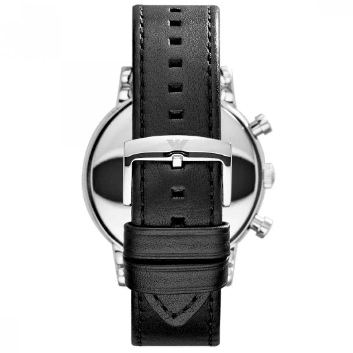 Visage cadran Emporio Armani AR1828 avec index appliqués et aiguilles dauphine, date à 3h, fond noir mat