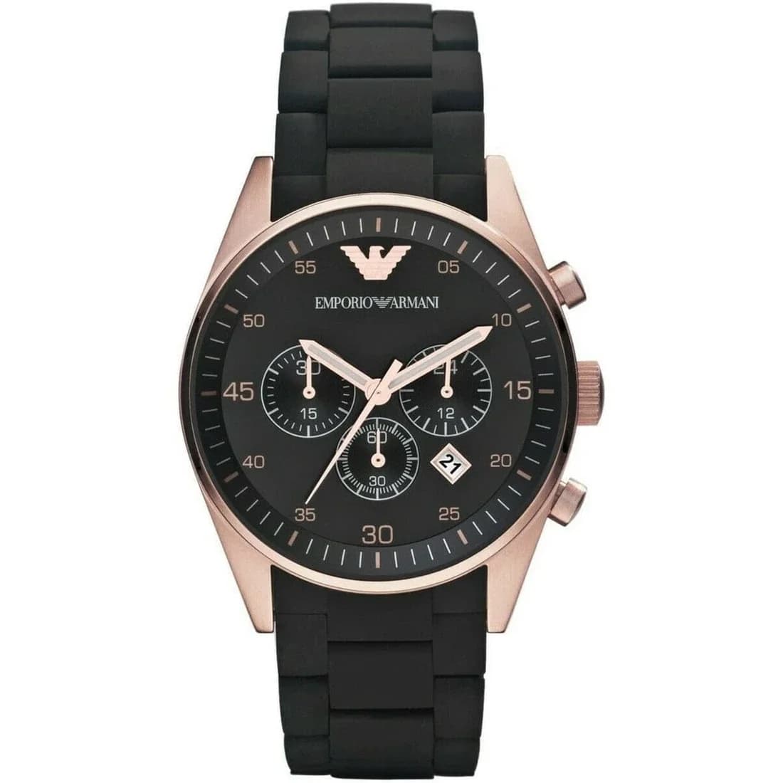Garde-temps Emporio Armani AR5905 au cadran soleil gris et aiguilles dorées, mouvement quartz chronographe suisse