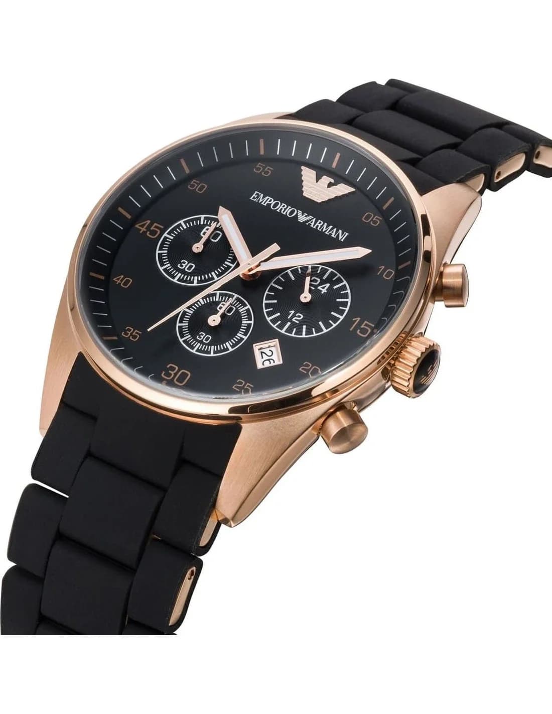 Visage cadran Emporio Armani AR5905 avec index bâtons appliqués, compteurs chrono à 6h, 9h et 12h, date à 3h