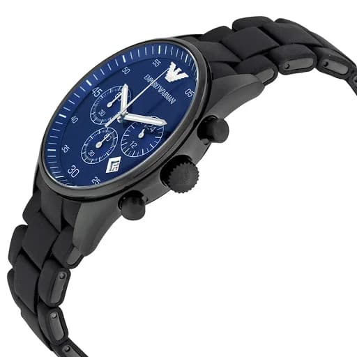 Visage cadran Emporio Armani AR5921 avec index bâtons appliqués, aiguilles dauphine et guichet date à 3h