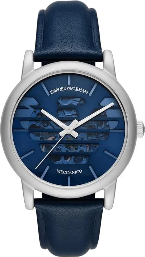 Montre Homme Emporio Armani Meccanico AR60030 - Cadran squelette bleu, boîtier gris, bracelet cuir