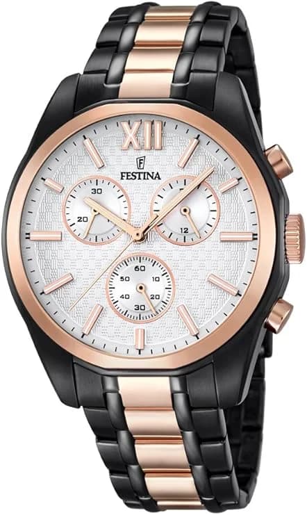 Garde-temps Festina F16856/1 déclinaison or rose avec cadran blanc soleillé et index bâtons appliqués pour une élégance classique