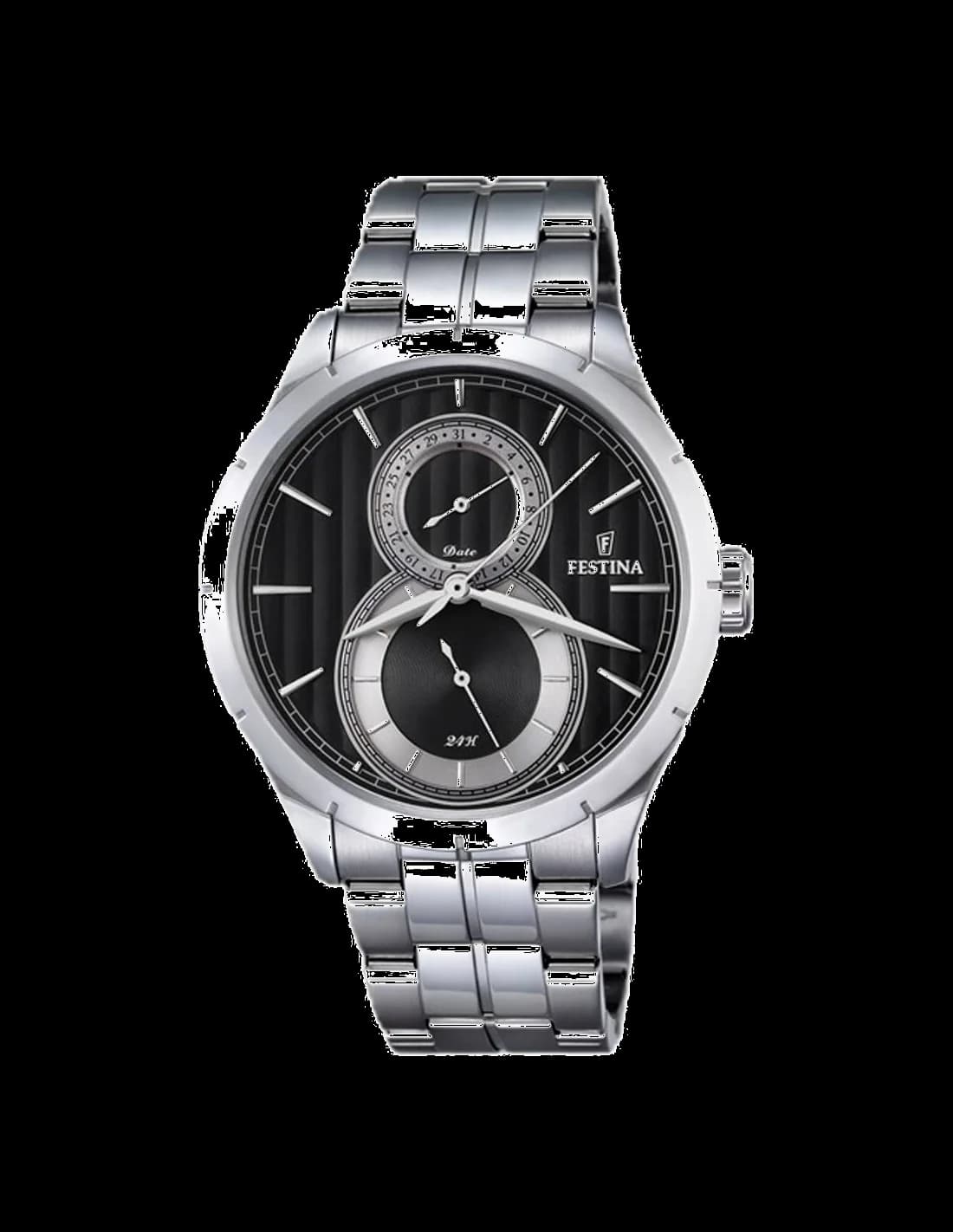 Garde-temps Festina F16891/6 affiche cadran argenté soleillé avec index bâtons et aiguilles dauphine, style classique et lisible