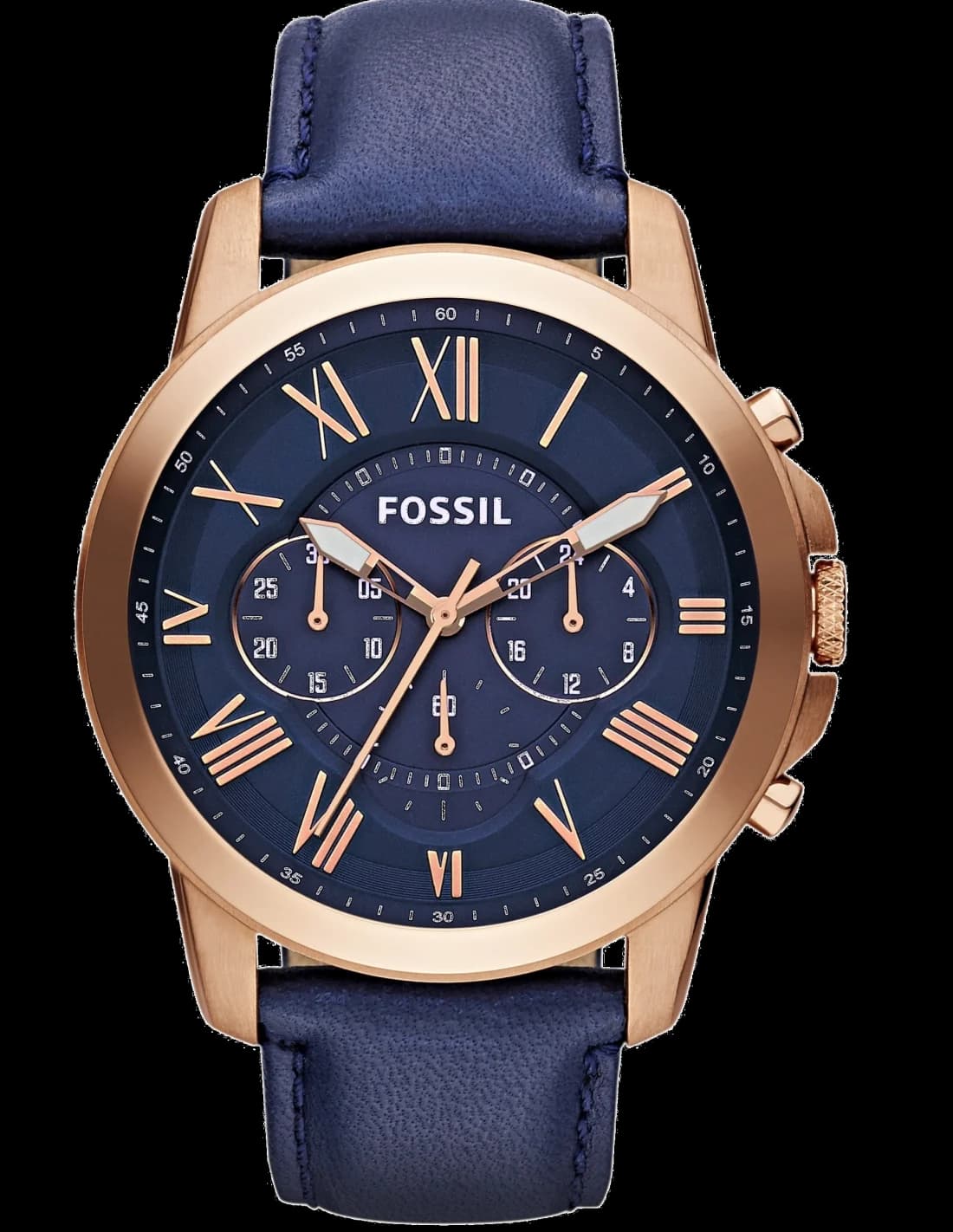 Montre Homme Fossil Grant FS4835 - Boîtier or rose, cadran et bracelet cuir bleu
