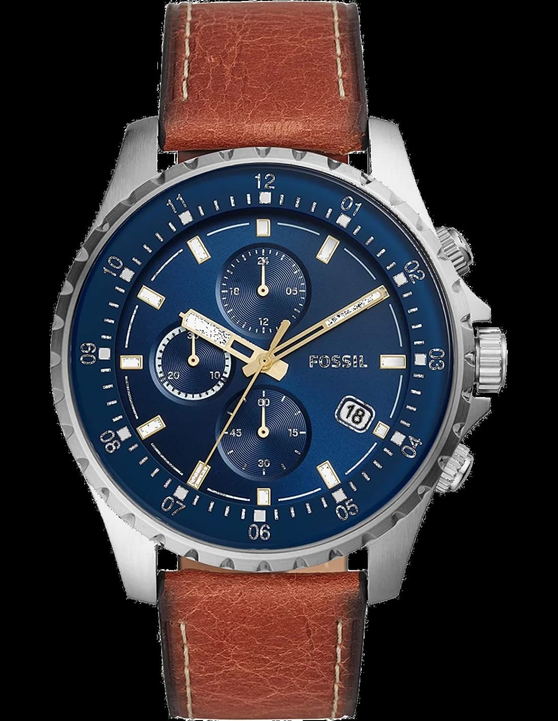 Montre Homme Fossil Dillinger FS5675 - Cadran Bleu, Boîtier Noir, Bracelet Cuir Marron