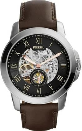 Montre automatique Fossil Grant ME3095 pour homme, cadran noir, boîtier argent, bracelet cuir marron