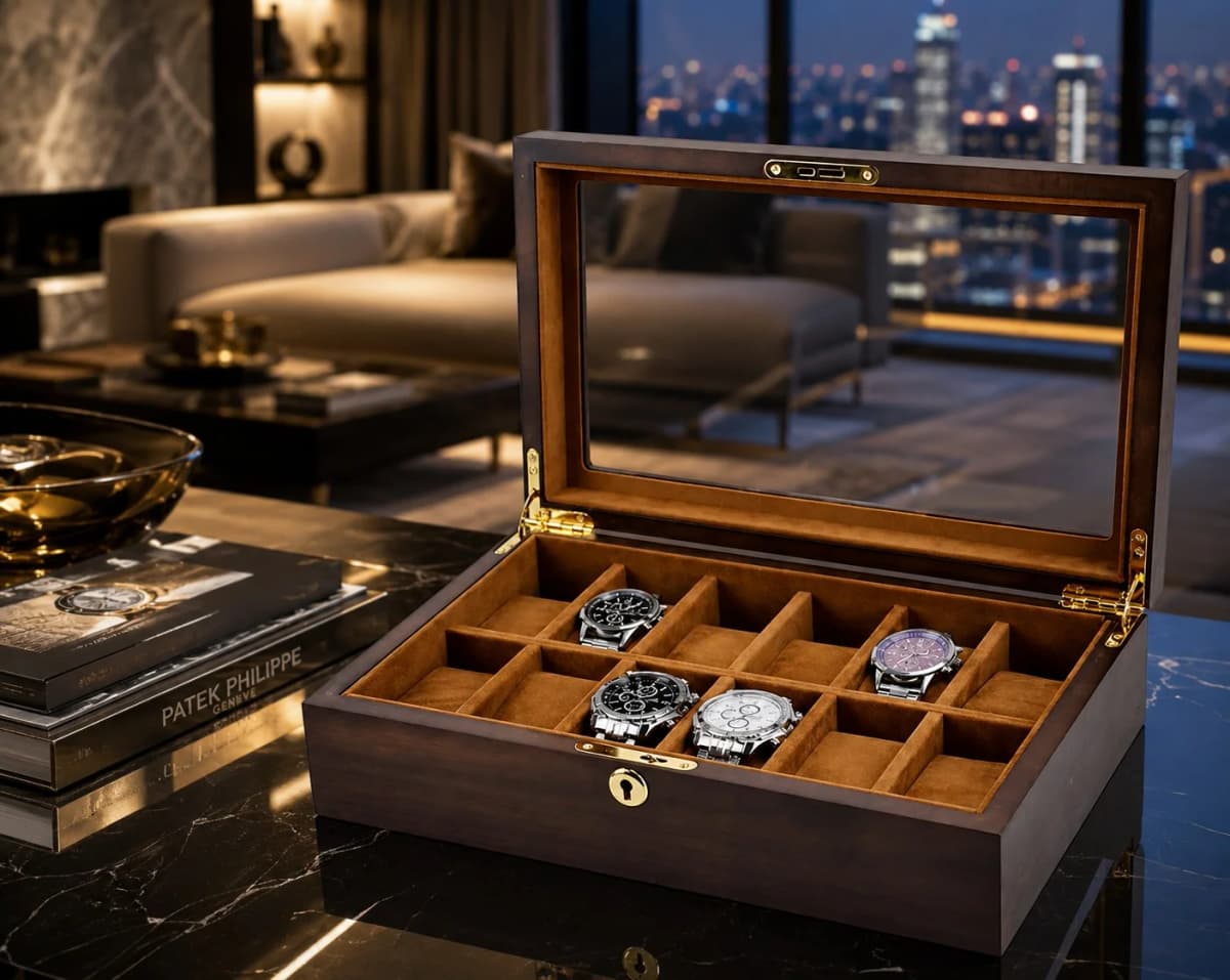 Coffret Ravello 12 compartiments en noyer véritable : rangement montres vue 5
