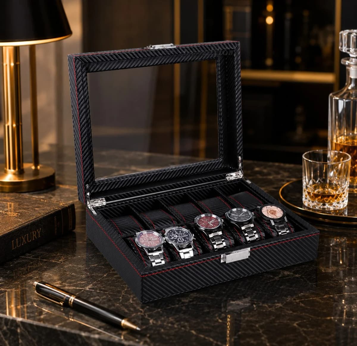 Boîte de rangement 10 montres Monza effet carbone composite noir vue 4