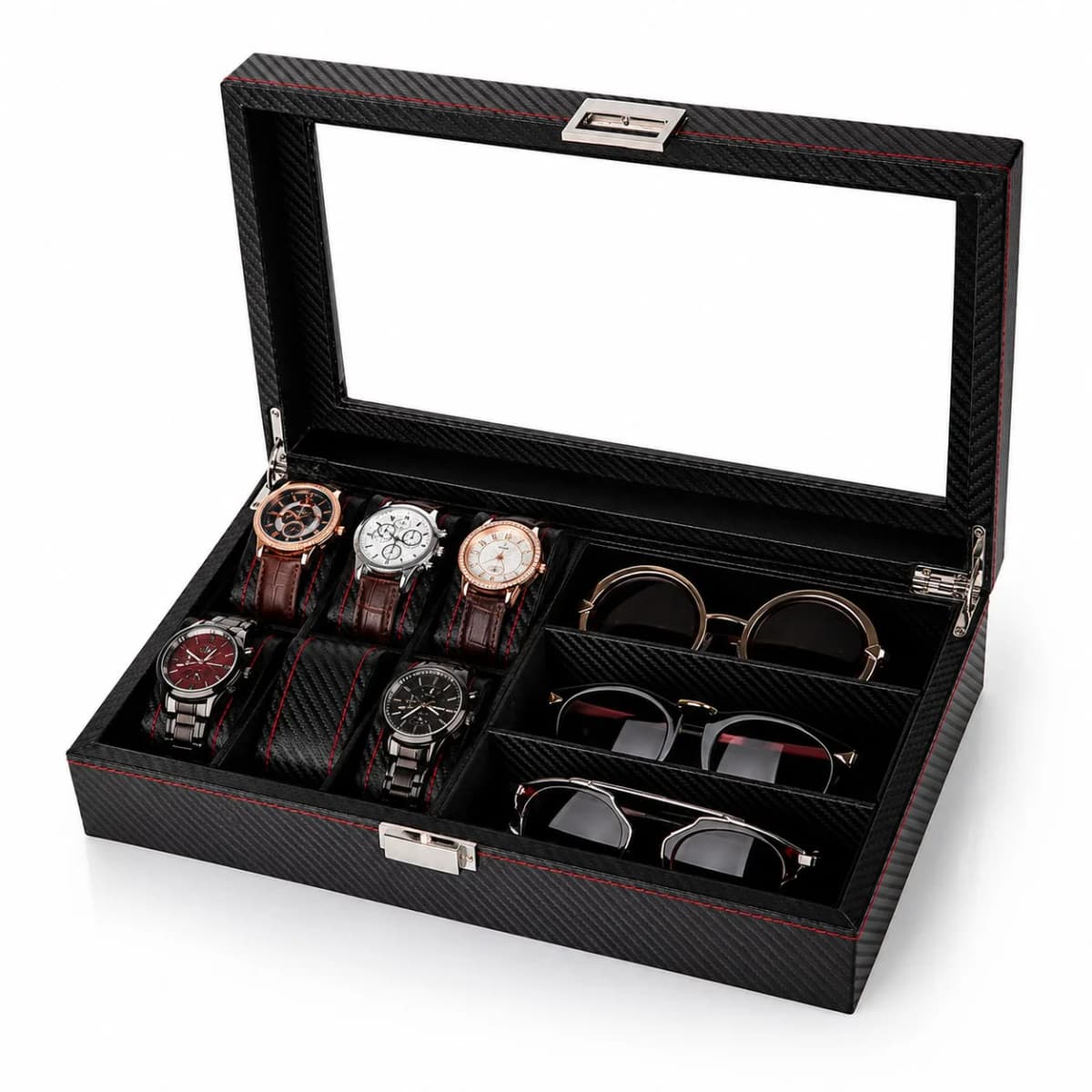 Boîte à montres Monza 6 compartiments + 3 emplacements bijoux effet carbone