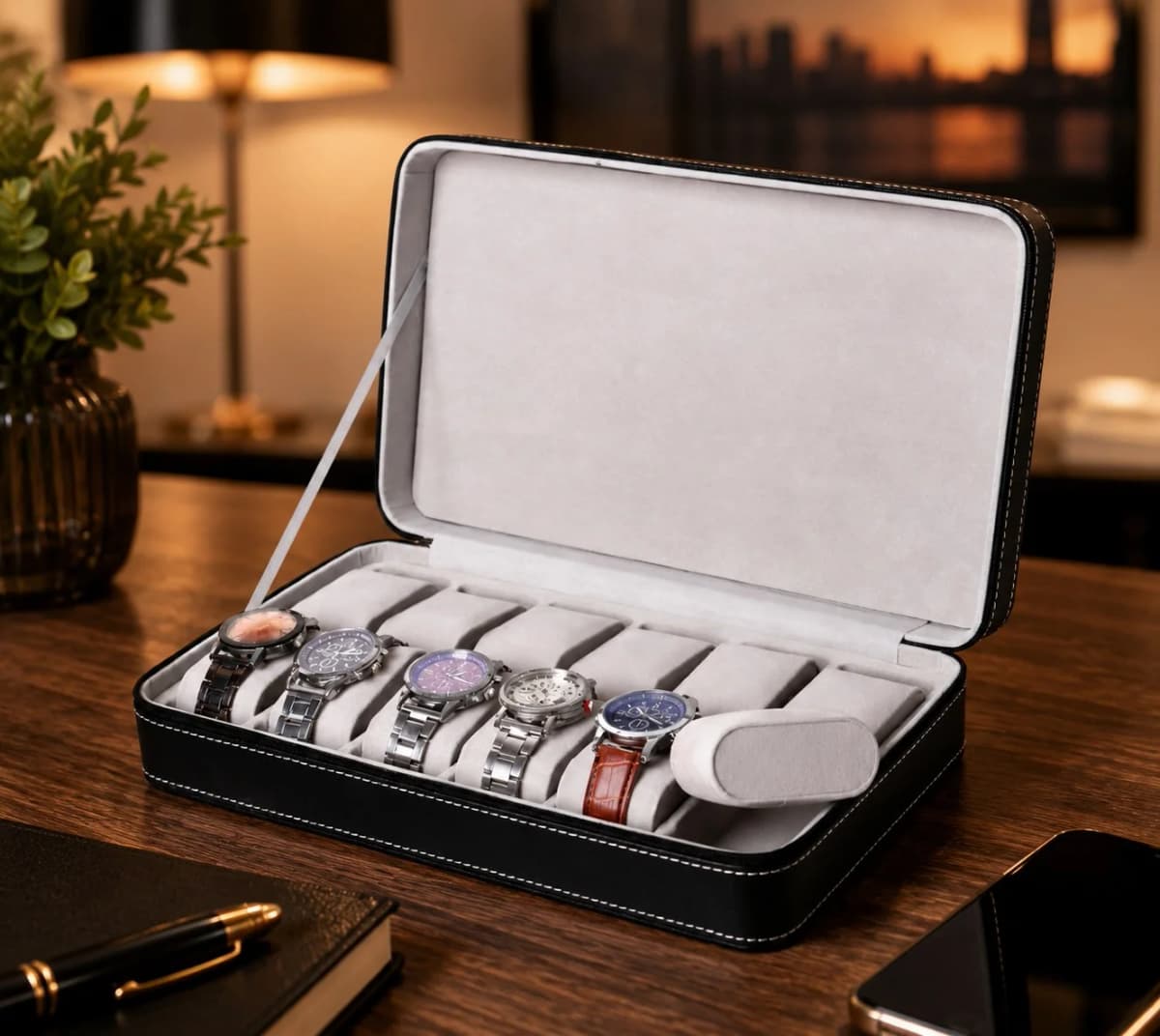 Housse Souple Voyager 12 Compartiments Simili-Cuir Noir pour Montres vue 3