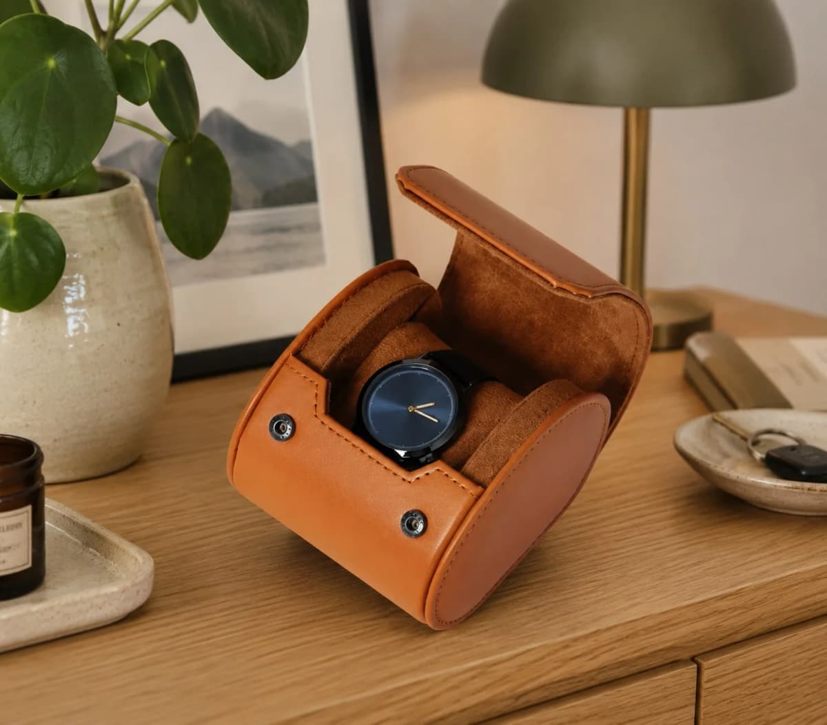 Étui Compact Voyage Verona Cuir Végétalien 1 Montre Marron Clair vue 2