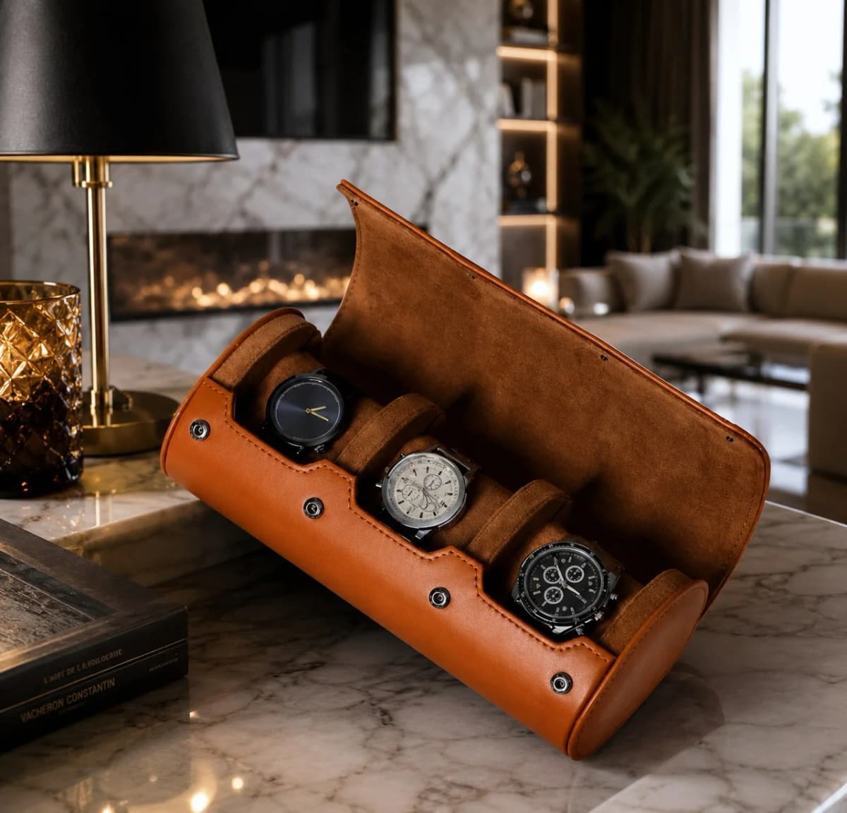 Étui Verona Cuir Végétalien 3 Montres Voyage Compact Marron Clair Vegan Leather vue 2