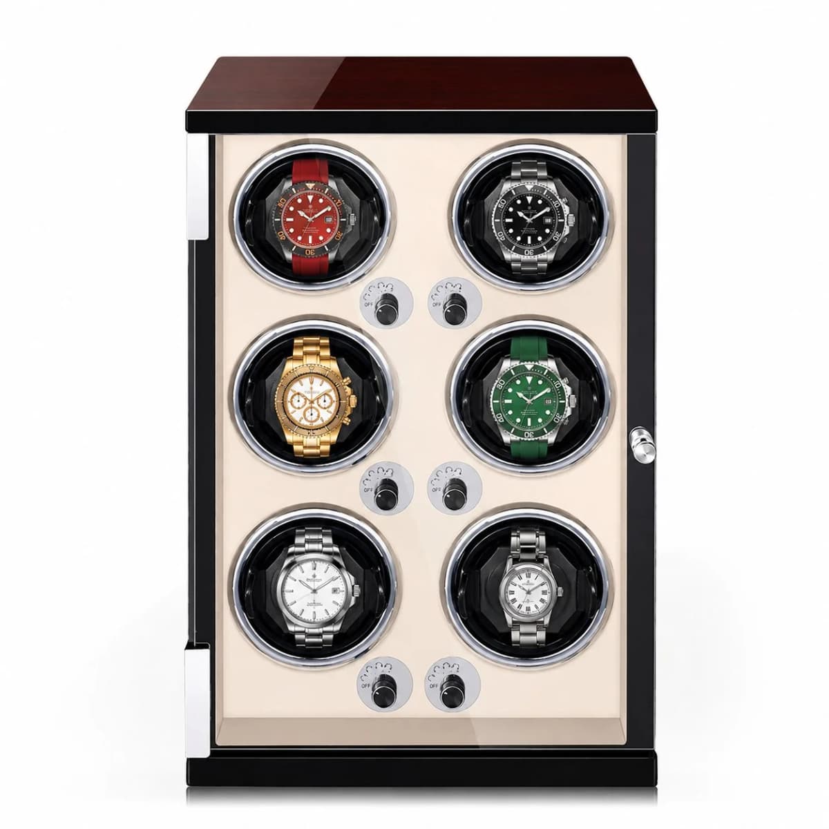 Remontoir à Montre Automatique Capri 6 Montres Bois Ébène Intérieur PU Blanc Crème