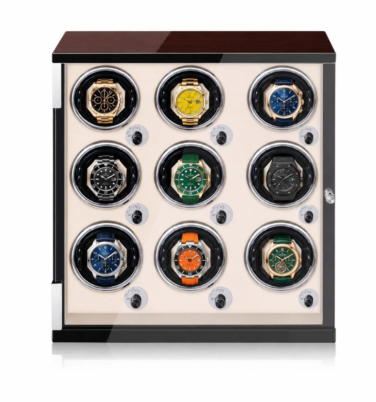 Remontoir à Montre Automatique Capri 9 Montres Bois Ébène Intérieur PU Crème