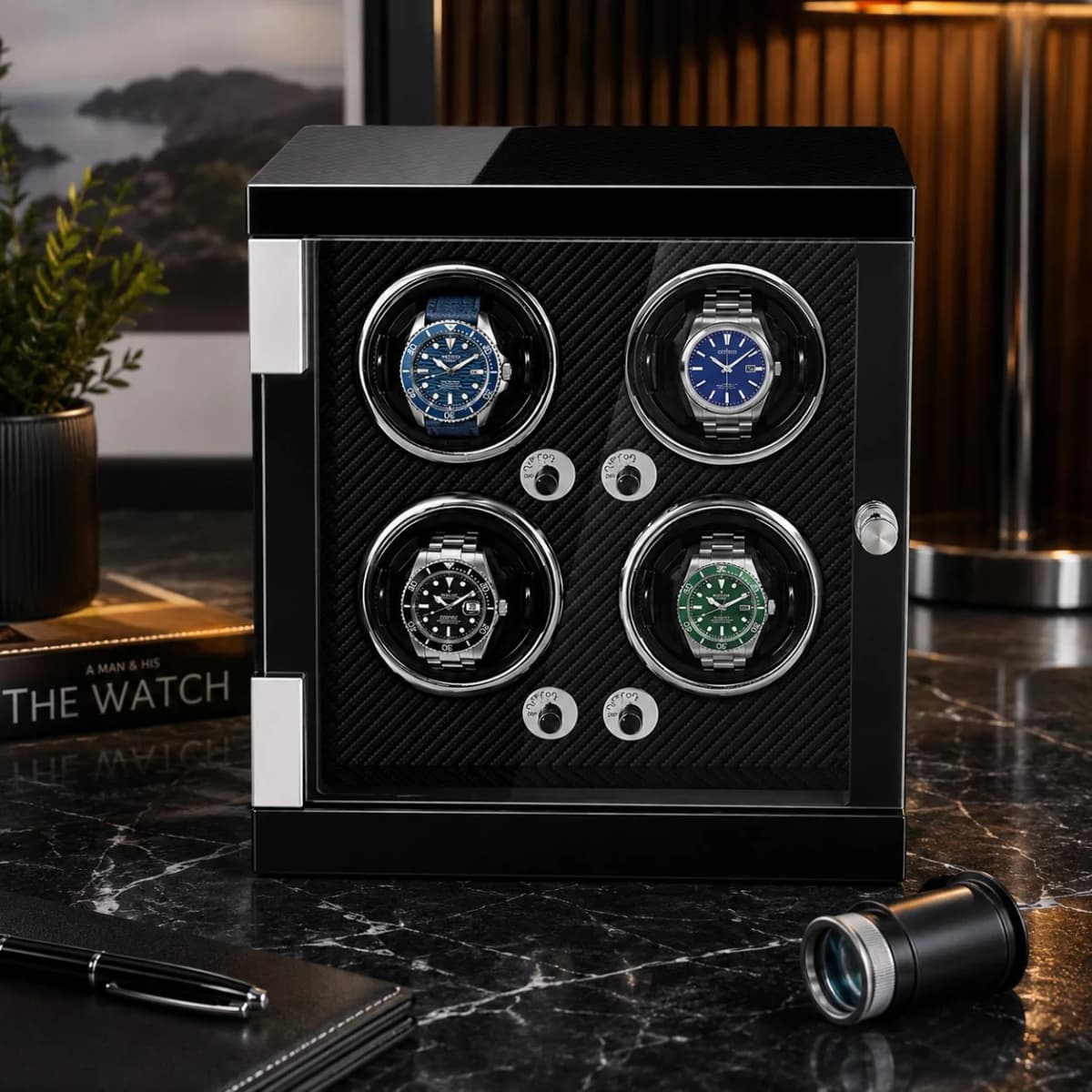 Remontoir à Montre Automatique Imola 4 Montres Noir Laqué Fibre de Carbone vue 2