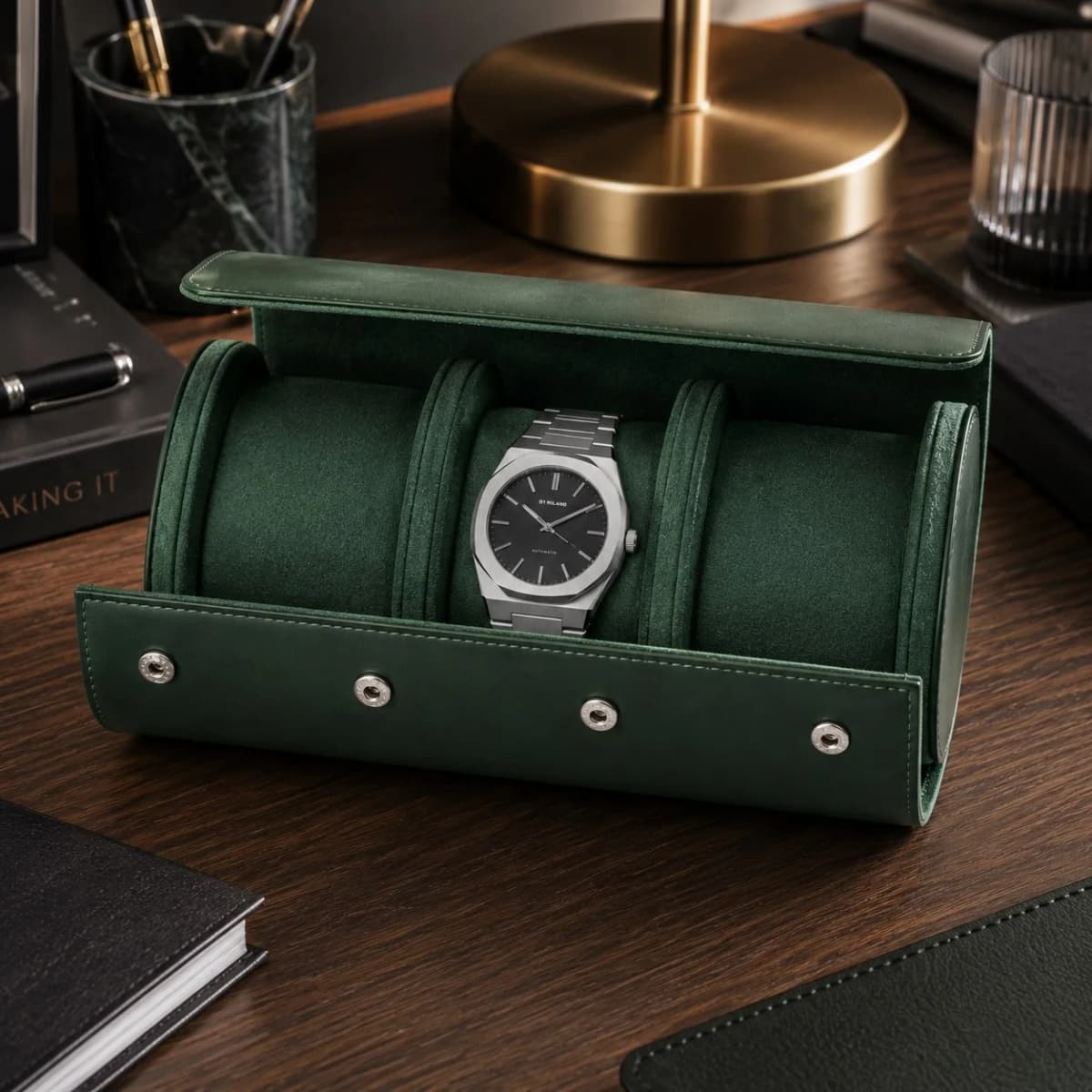 Pochette voyage Trieste verte 3 montres fermeture rabat simili-cuir composite vue 2