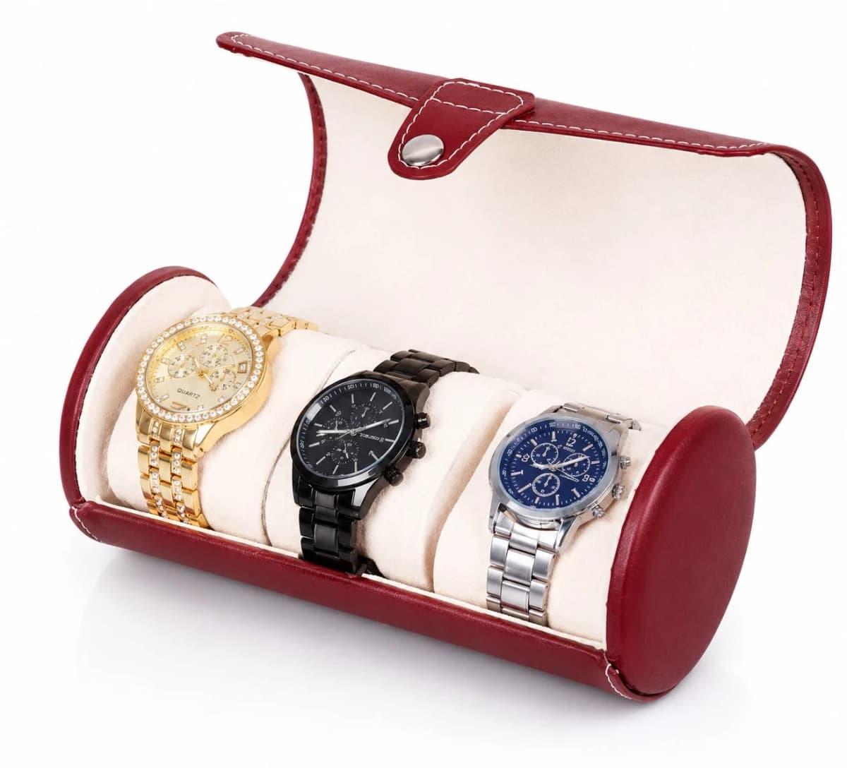 Étui Rouleau Cylindrique Voyager Marron Café 3 Montres Watch Roll