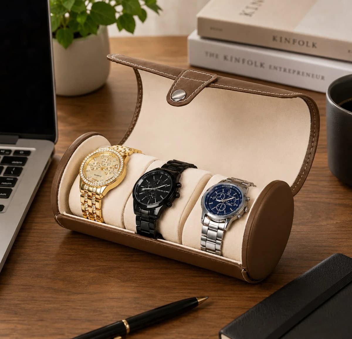 Étui Rouleau Cylindrique Voyager Marron Café 3 Montres Watch Roll vue 3