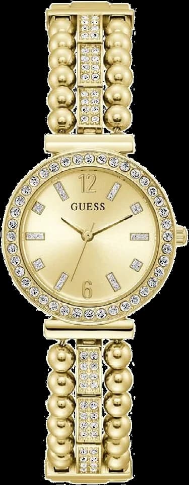 Garde-temps Guess GW0401L2 au cadran blanc nacré, aiguilles dorées et index baguette pour un style élégant et raffiné