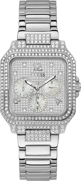 Garde-temps Guess GW0472L1 avec cadran blanc argenté et index à strass, style élégant féminin