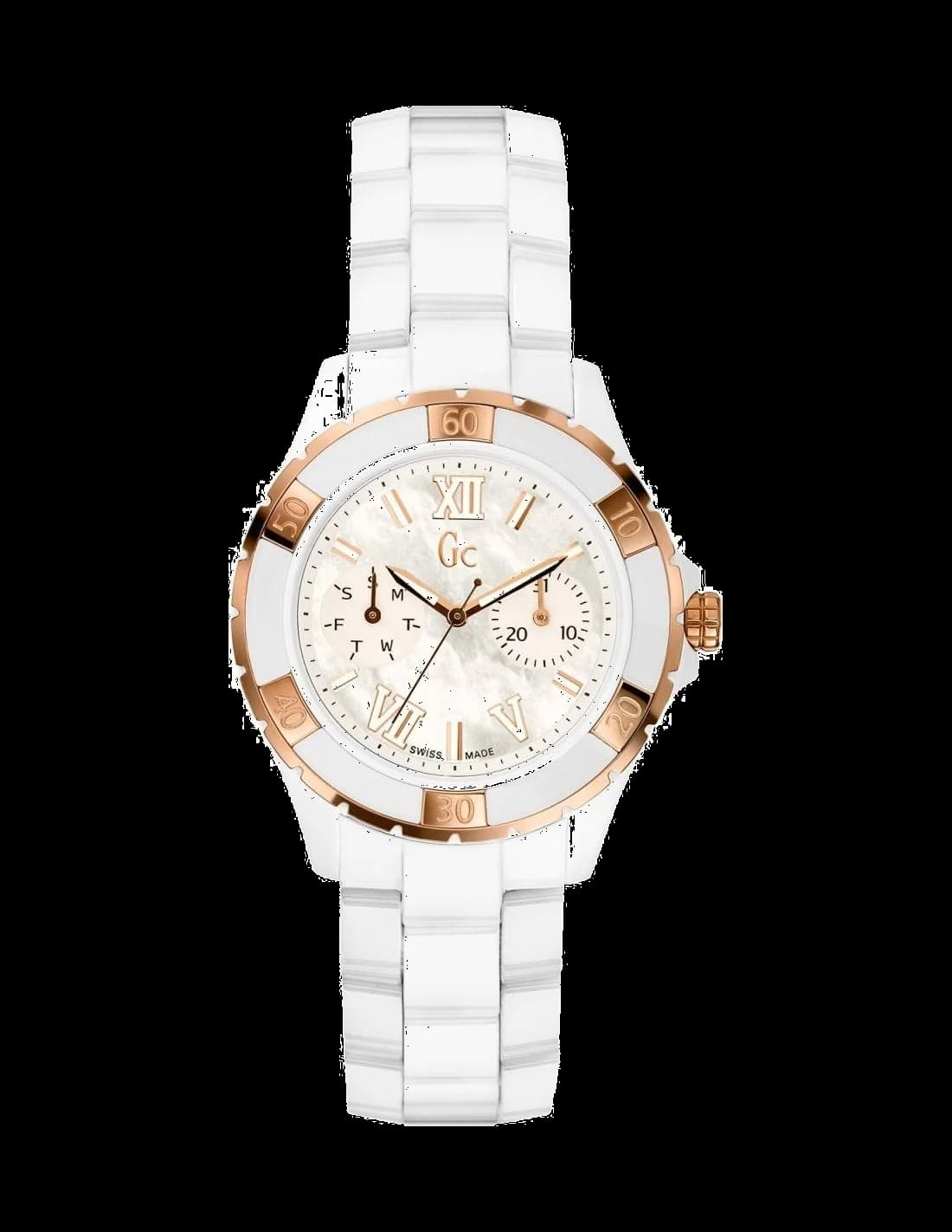Montre Guess Collection Gc Sport Class X69003L1S pour femme, boîtier et bracelet blanc céramique, détails or rose