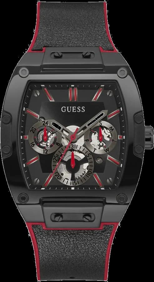 Montre Guess Phoenix GW0202G7 pour Homme - Cadran noir tonneau 43mm, bracelet Cuir noir et rouge
