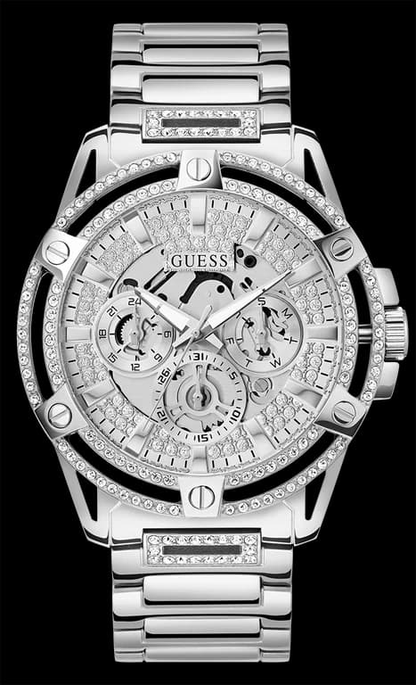 Montre Homme Guess King GW0497G1, boîtier acier argent orné de strass, bracelet acier